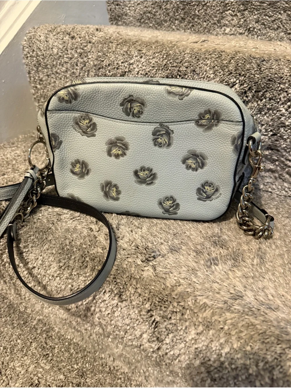 Coach Camera Bag with Rose Print, crafted from polished pebble leather.